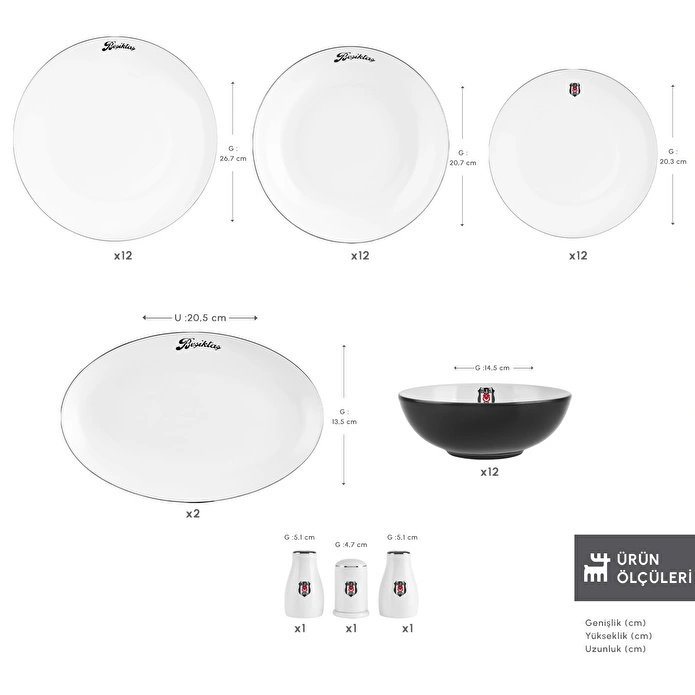Karaca x Beşiktaş Lisanslı Elegance Bone Platin 53 Parça 12 Kişilik Yemek Takımı