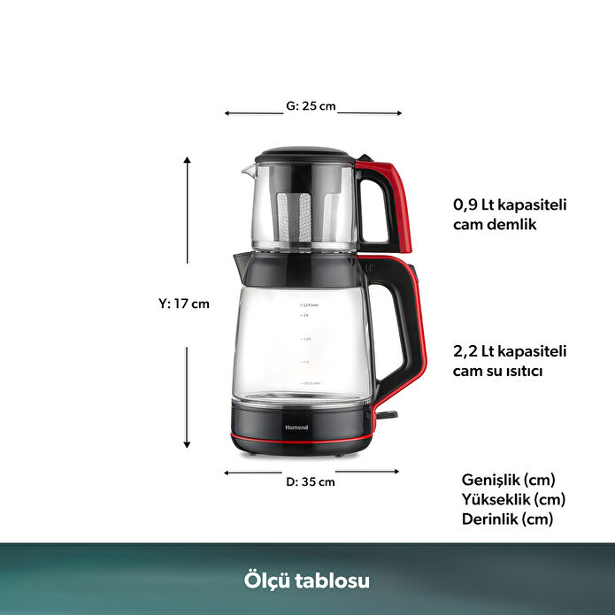 Homend Infinity XL 1764H Cam Çay Makinesi Siyah Kırmızı