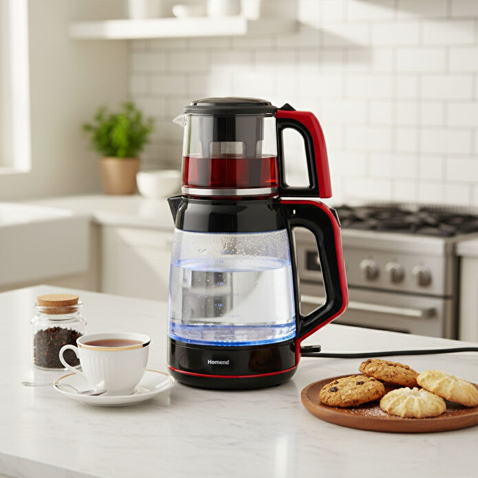 Homend Infinity XL 1764H Cam Çay Makinesi Siyah Kırmızı