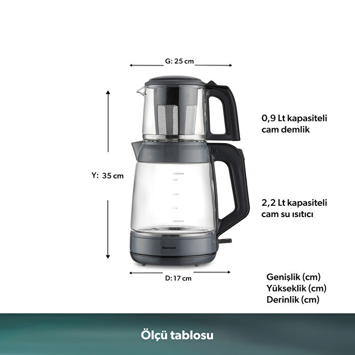 Homend Infinity XL 1764H Cam Çay Makinesi Antrasit Siyah