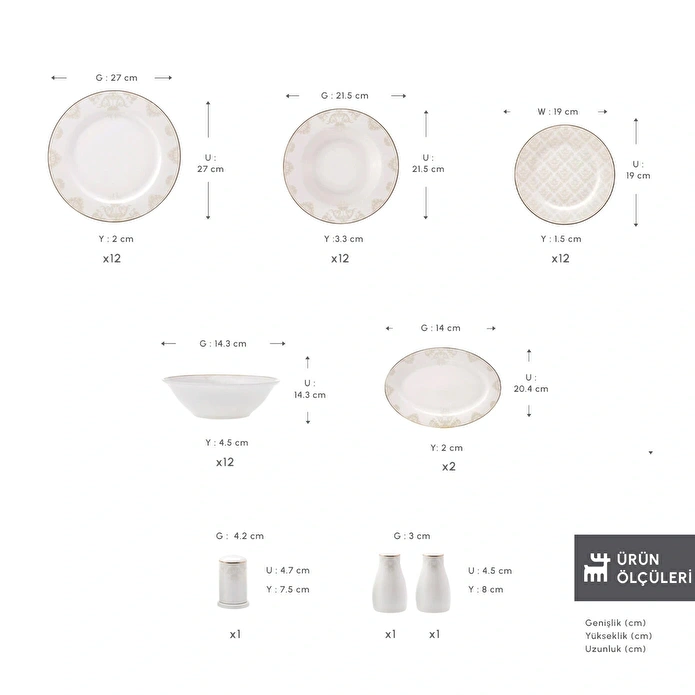 Emsan Elegance Bone Siena 53 Parça 12 Kişilik Yemek Takımı Gold