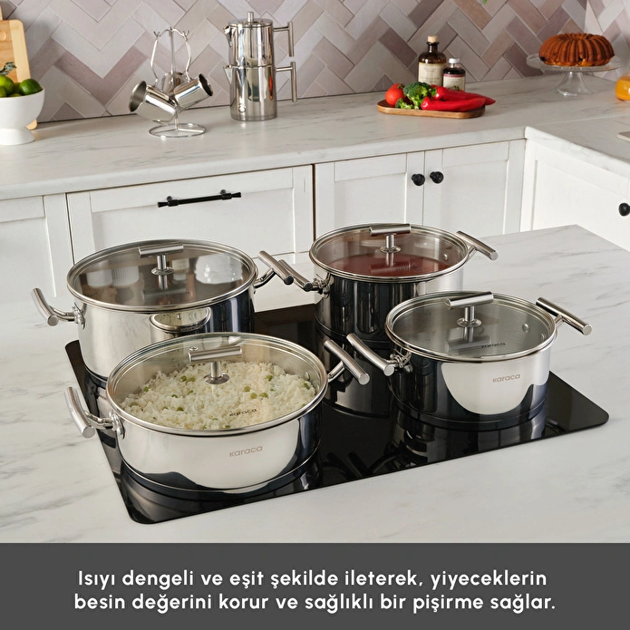 Karaca Powersteel 316+ Vanilla 15 Parça Çelik Tencere Çaydanlık ve Cezve Seti