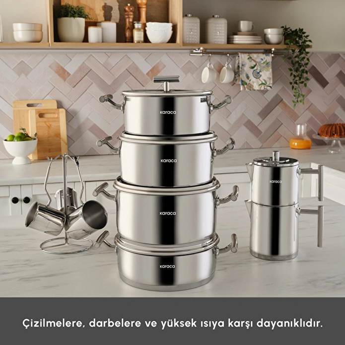 Karaca Powersteel 316+ Vanilla 15 Parça Çelik Tencere Çaydanlık ve Cezve Seti