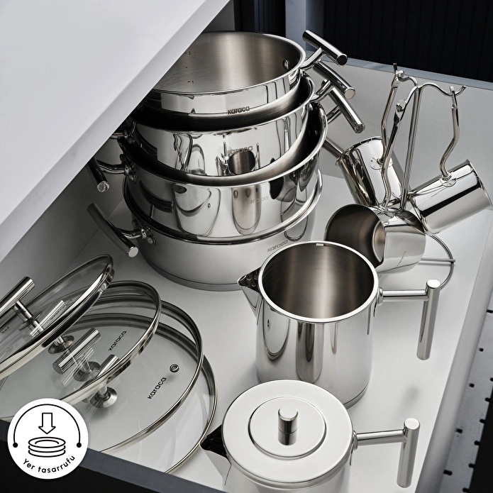 Karaca Powersteel 316+ Vanilla 15 Parça Çelik Tencere Çaydanlık ve Cezve Seti