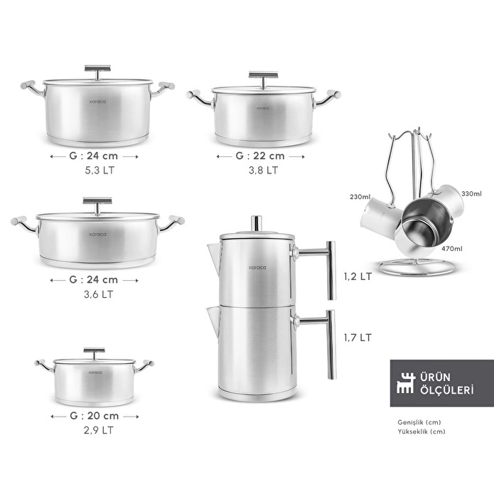 Karaca Powersteel 316+ Vanilla 15 Parça Çelik Tencere Çaydanlık ve Cezve Seti