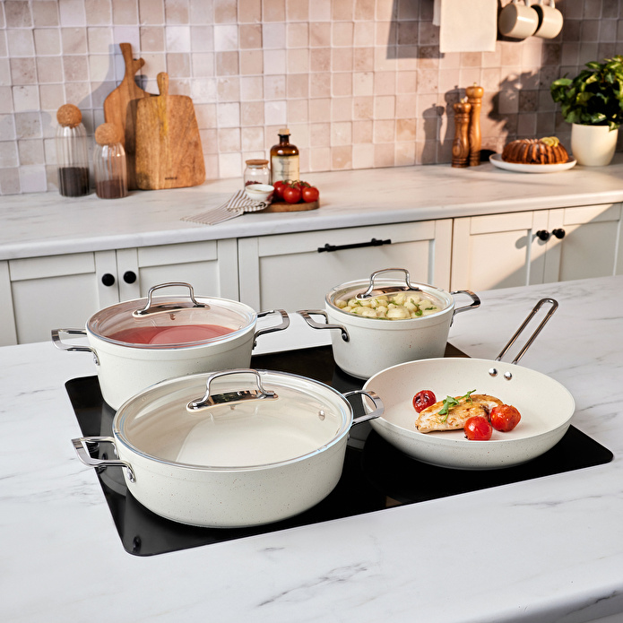 Emsan Biogranit White Stone 7 Parça Tencere ve Tava Seti