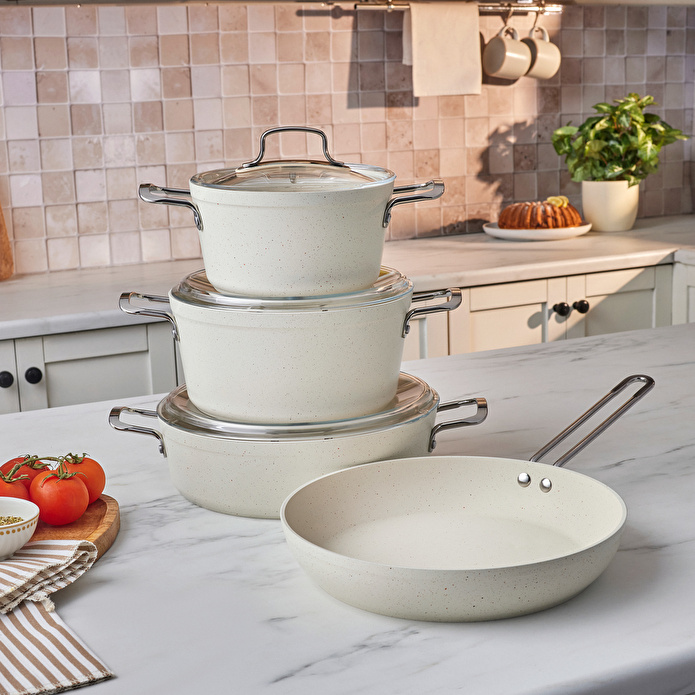 Emsan Biogranit White Stone 7 Parça Tencere ve Tava Seti