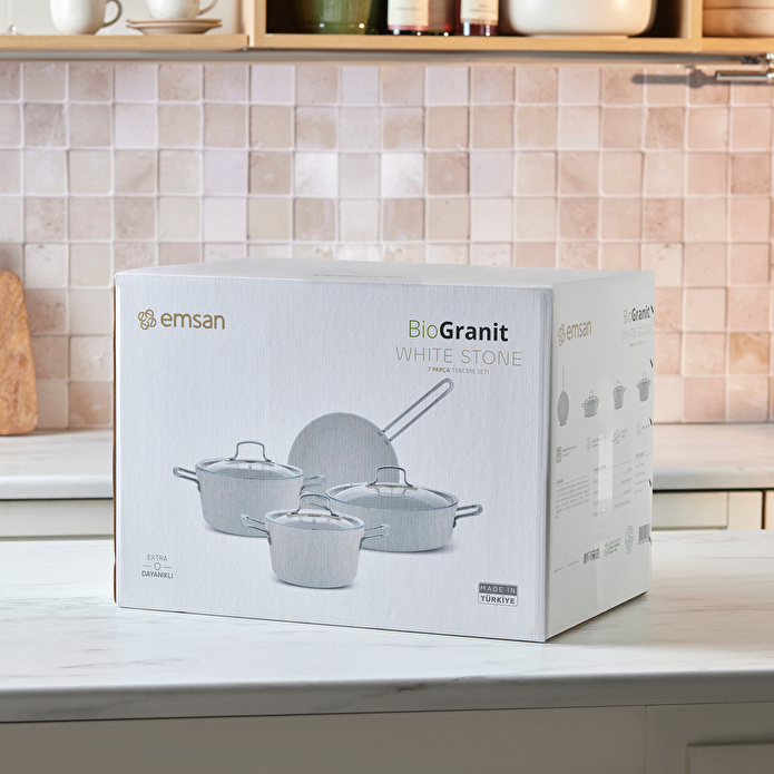 Emsan Biogranit White Stone 7 Parça Tencere ve Tava Seti