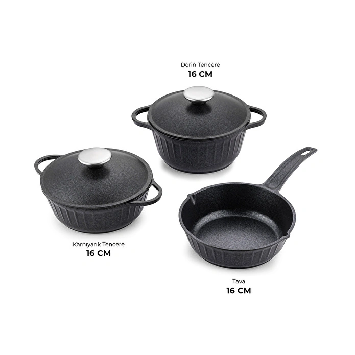 Emsan Stone Alüminyum Döküm Mini 5 Parça Tencere Seti Siyah