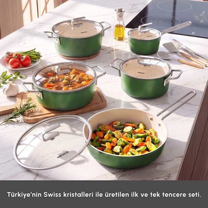 Karaca x Refika Swiss Crystal 9 Parça Tencere ve Tava Seti Emerald Green