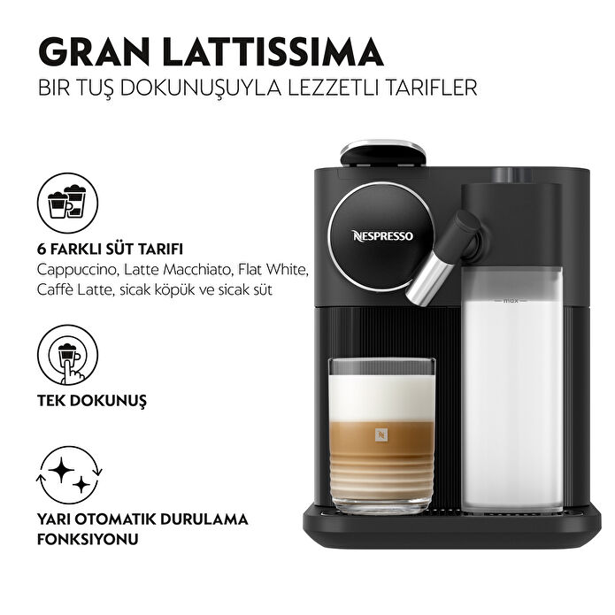 Nespresso F541 Gran Latissima, Travel Mug, Lungo Bardak ve Kahve Kapsülü ile Sevgililer Günü Özel Set Siyah