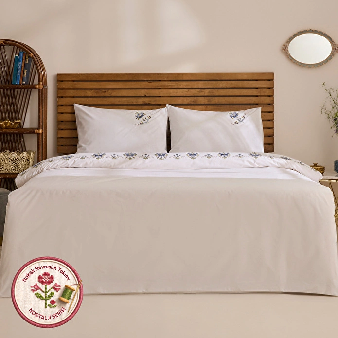 Karaca Home Maelis %100 Pamuk Kanaviçe Nakışlı Çift Kişilik Nevresim Takımı Beyaz