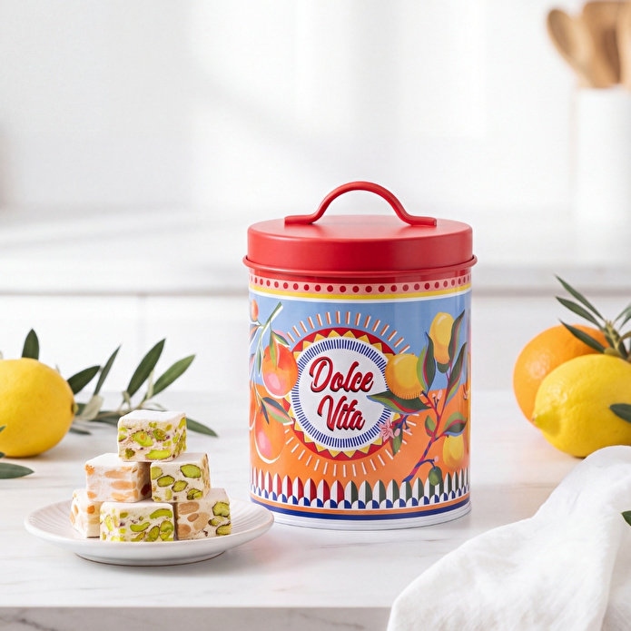 Baci Milano Dolce Vita Limon & Portakal Desenli Kırmızı Mavi Paslanmaz Çelik Vakumlu Silindir Saklama Kutusu Ø 11 cm, H 18 cm