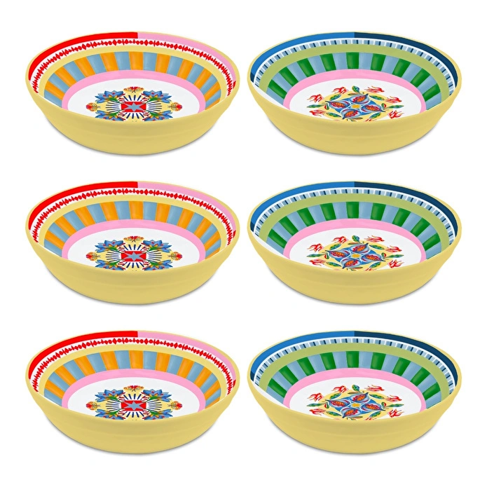 Baci Milano Dolce Far Niente Mavi ve Pembe Renkli Karışık 6 Parça Melamin Çukur Tabak 23 cm