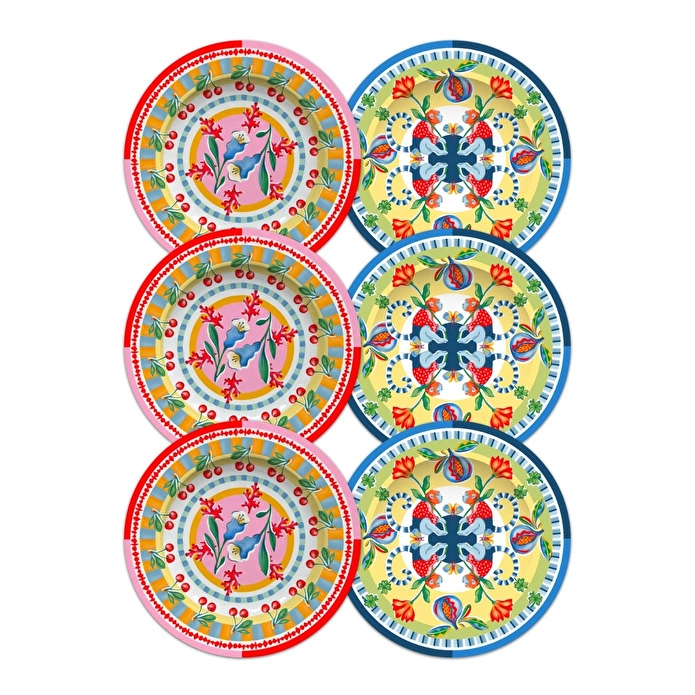Baci Milano Dolce Far Niente Mavi ve Pembe Renkli Karışık 6 Parça Melamin Pasta Tabağı 21 cm