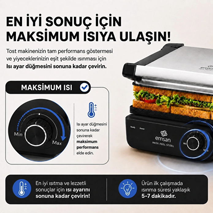 Emsan Inox Feel Steel 6 Dilim Kapasiteli Izgara ve Tost Makinesi 1800W