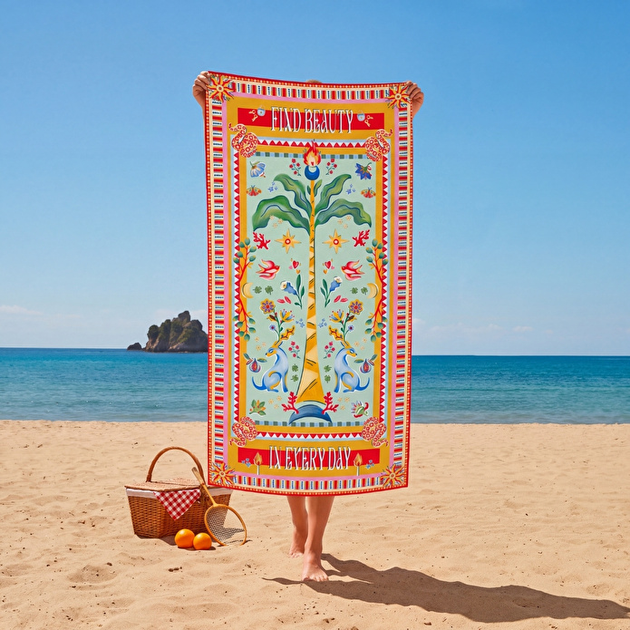 Baci Milano Dolce Far Niente Çift Taraflı Palmiye Desenli Renkli Pamuklu ve Mikrofiber Plaj Havlusu 45 x 60 cm