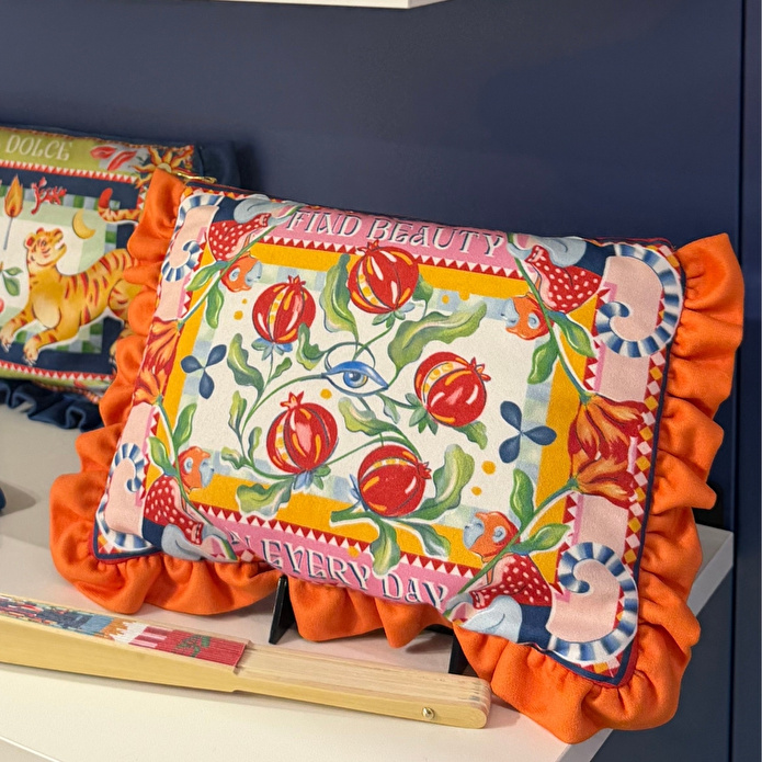 Baci Milano Dolce Far Niente Nar Desenli Kadife Dokulu Turuncu Fırfırlı El Çantası
