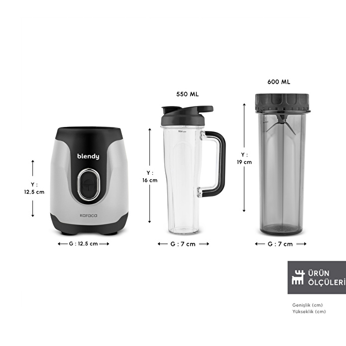 Karaca Blendy Personal Kişisel Kulplu Smoothie Blender Çift Hazneli Silver