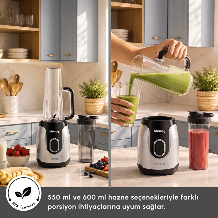 Karaca Blendy Personal Kişisel Kulplu Smoothie Blender Çift Hazneli Silver