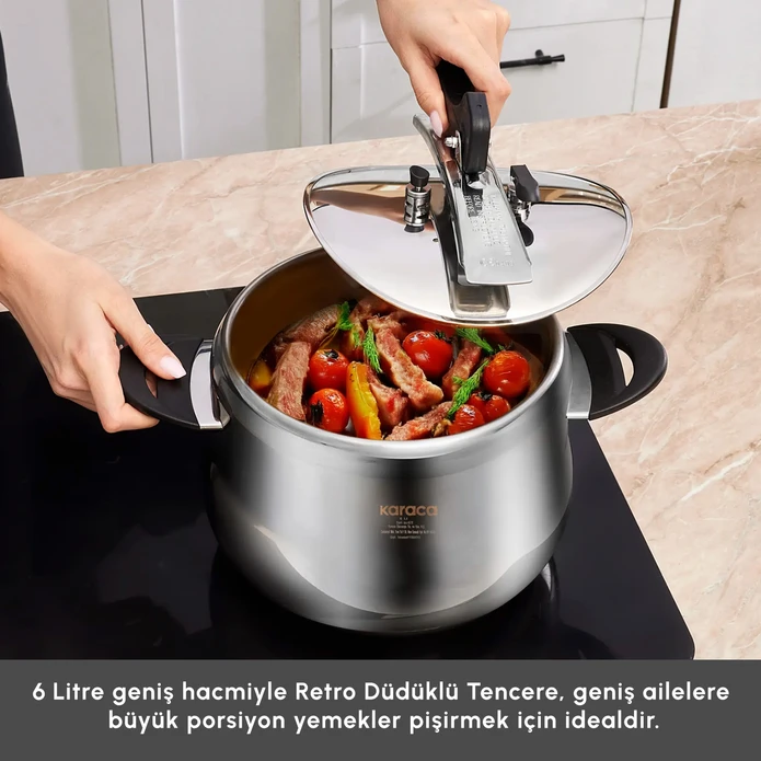 Karaca Retro İndüksiyon Tabanlı Paslanmaz Çelik Düdüklü Tencere 6 Lt