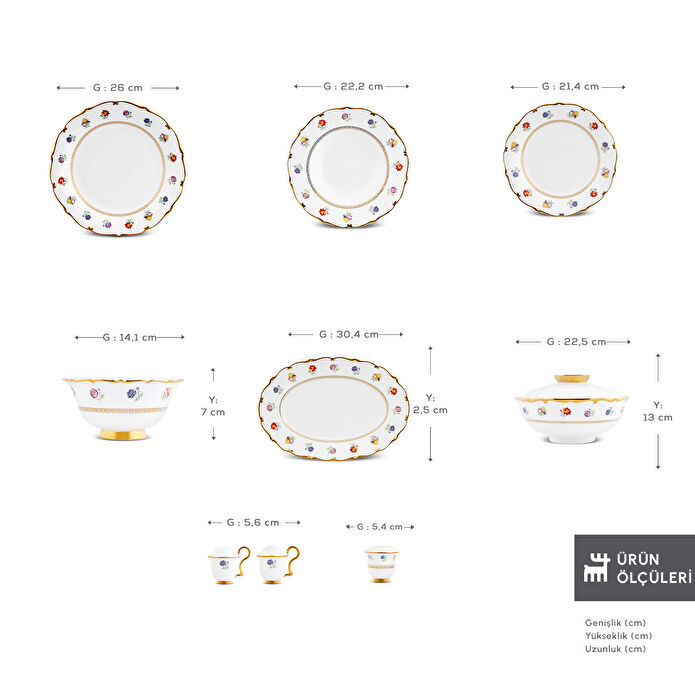 Karaca Royal Bone Diana 55 Parça 12 Kişilik Yemek Takımı Gold 