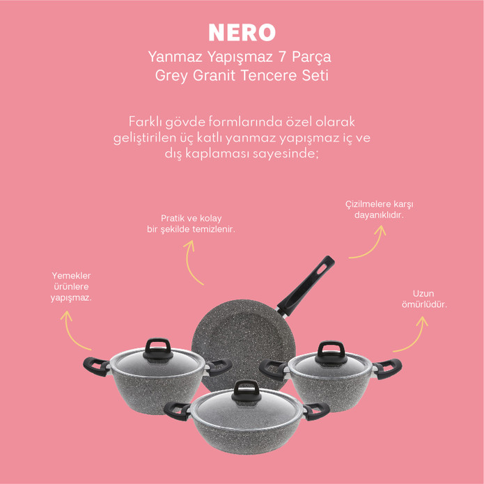 Emsan Nero Grey 7 Parça Granit Tencere Seti