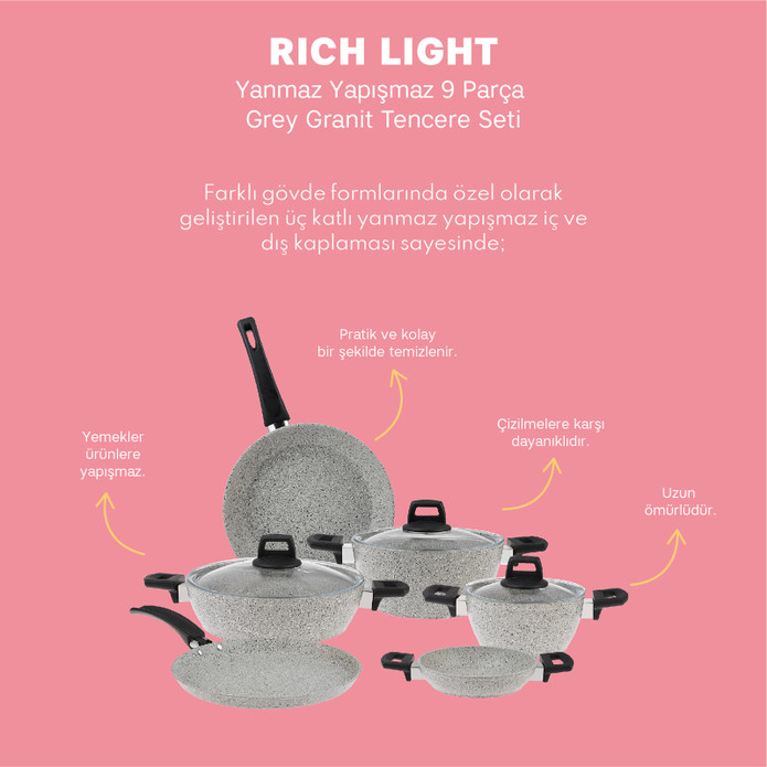 Emsan Rich Light Grey 9 Parça Granit Tencere Seti