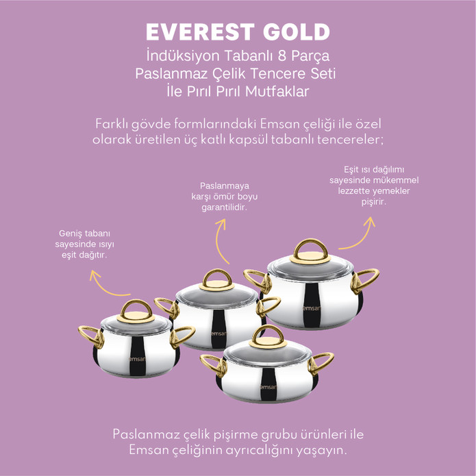 Emsan Everest Gold İndüksiyon Tabanlı 8 Parça Çelik Tencere Seti