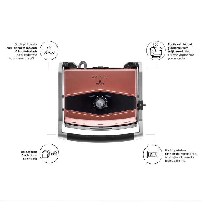 Karaca Presto 2001 Izgara ve Tost Makinesi Rose Gold 2000 W 6 Dilimli 