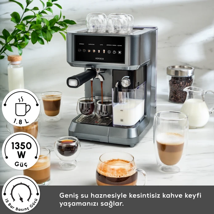 Karaca MyCaffe Barista S10 Entegre Süt Hazneli, Espresso, Latte ve Cappuccino Makinesi Galaxy Grey