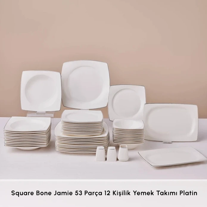 Karaca Square Bone Jamie 53 Parça 12 Kişilik Yemek Takımı Platin