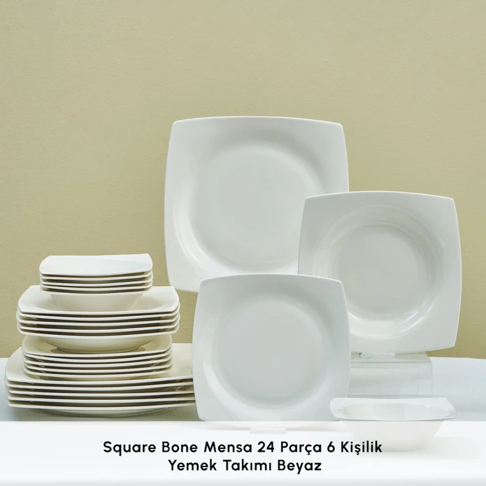 Karaca Square Bone Mensa 24 Parça 6 Kişilik Yemek Takımı Beyaz 