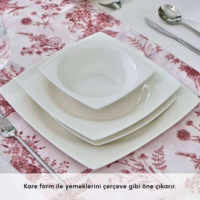Karaca Square Bone Mensa 24 Parça 6 Kişilik Yemek Takımı Beyaz 