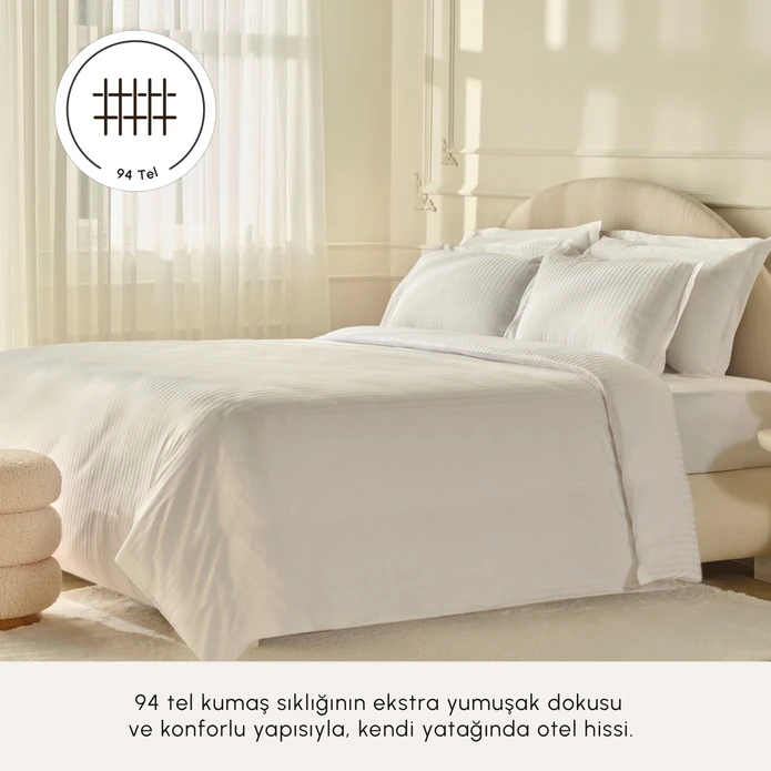 Karaca Home White Collection Minas 94 Tel %100 Pamuk Saten Çift Kişilik Nevresim Takımı Çizgili Beyaz