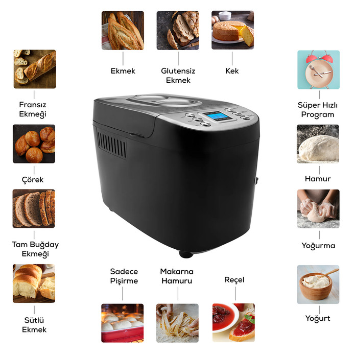 Karaca BakeXL Reçel, Yoğurt, Hamur Yoğurma ve Ekmek Yapma Makinesi Inox, 1500 g, 45 Farklı Tarifli Kitapçıklı