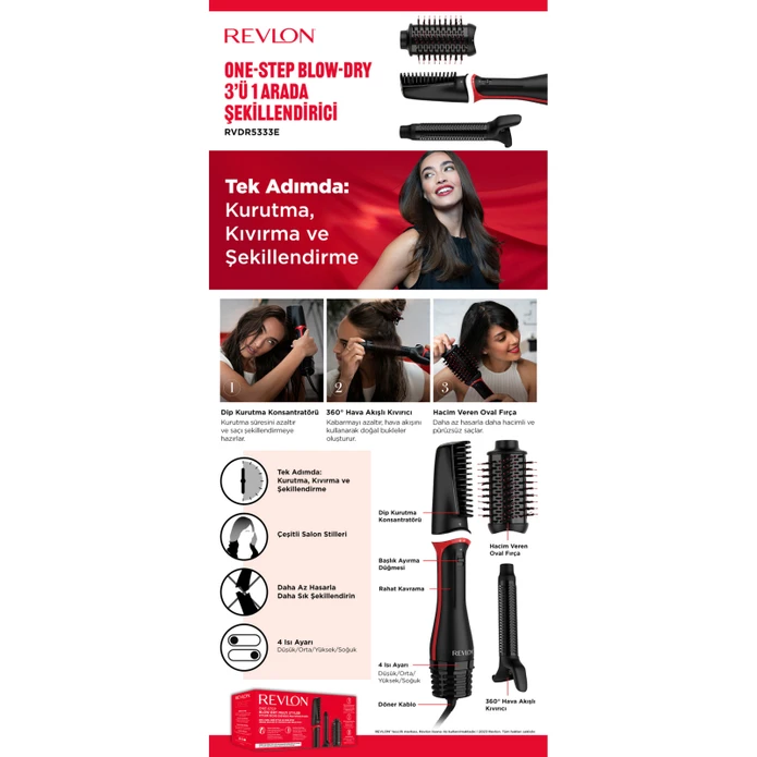 Revlon RVDR5333E One Step Blow Dry 3'ü 1 Arada Saç Kurutma ve Şekillendirme Cihazı Siyah