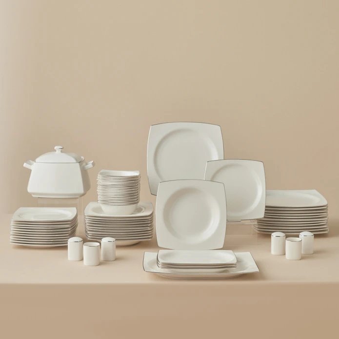 Karaca Square Bone Talia 60 Parça 12 Kişilik Yemek Takımı Platin