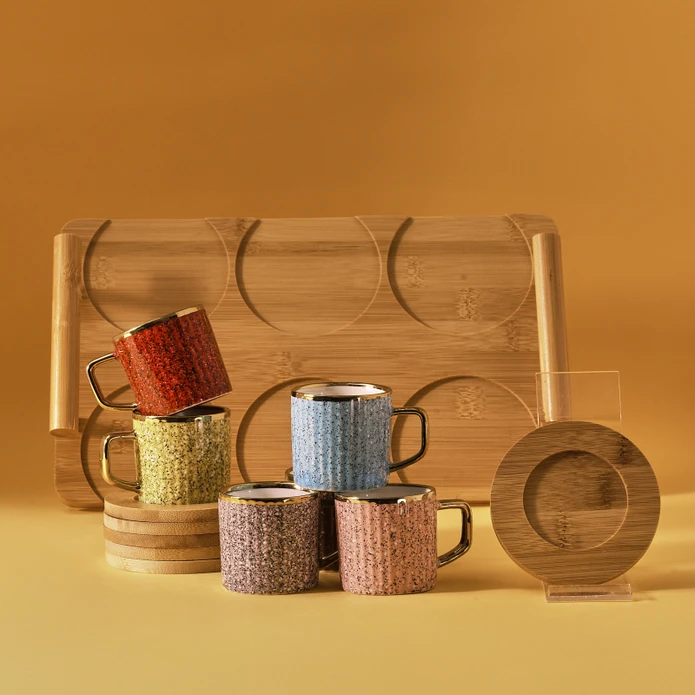Karaca Bambu Tepsili 6 Kişilik Renkli Kahve Fincan Takımı 90 ml