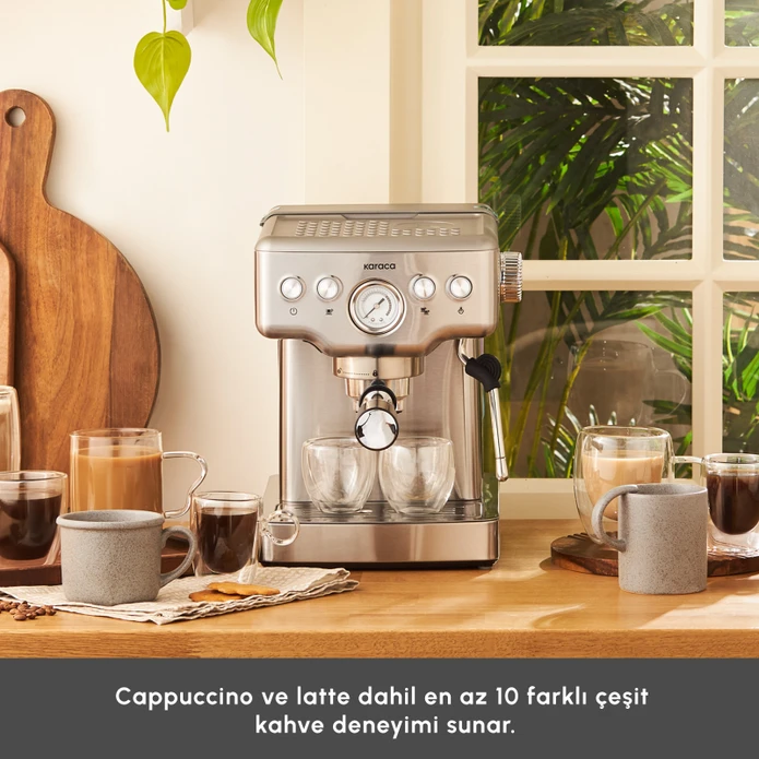 Karaca Coffee Art 1353 Süt Köpürtücülü, 20 Bar Basınçlı, Espresso, Latte, Cappuccino, Americano Makinesi Inox 1,8L 1350W