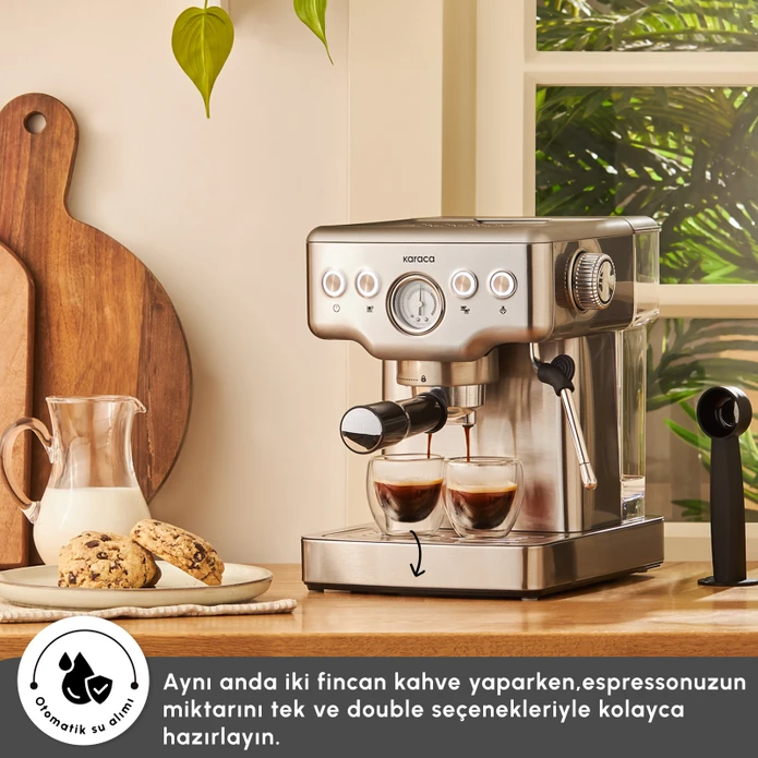 Karaca Coffee Art 1353 Süt Köpürtücülü, 20 Bar Basınçlı, Espresso, Latte, Cappuccino, Americano Makinesi Inox 1,8L 1350W