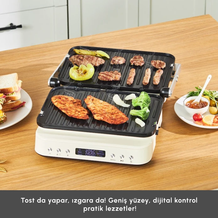 Karaca Presto 2 in 1 Digital 2009 Döküm Izgara ve Tost Makinesi Krem 2000W 6 Dilim Kapasiteli