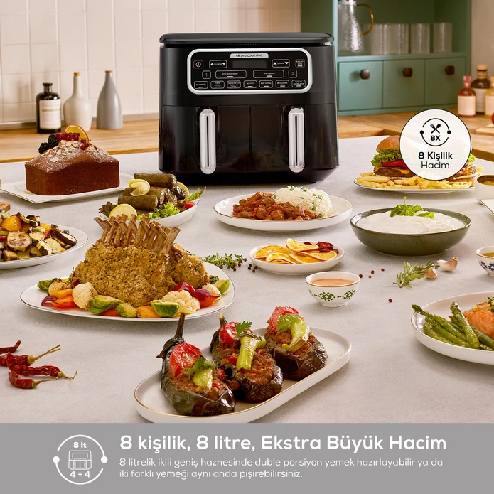 Karaca Air Pro Cook Duo Ev Yemeği XXXL 8 Litre Airfryer Cool Gray 8 Kişilik