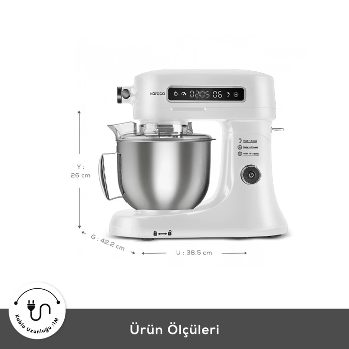 Karaca Pro Artisan Dijital Ekran Zaman Ayarlı Döküm Hamur Yoğurma Makinesi White 1600W 5L 