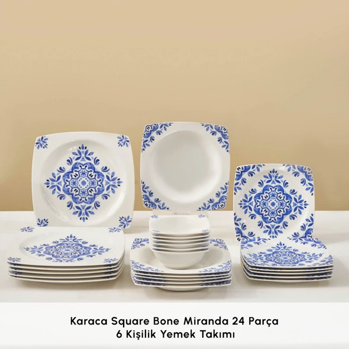 Karaca Square Bone Miranda 24 Parça 6 Kişilik Yemek Takımı
