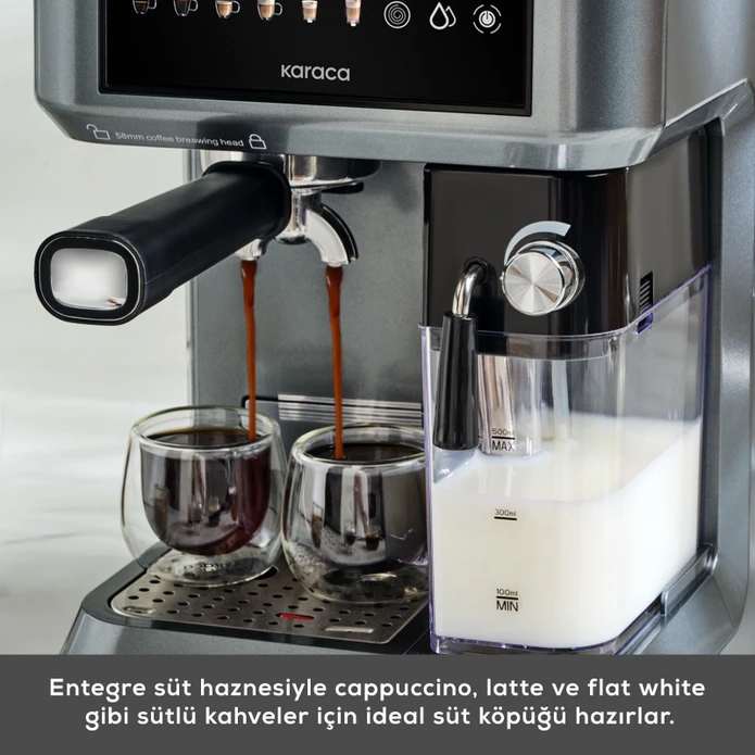 Karaca MyCaffe Barista S10 Entegre Süt Hazneli, Espresso, Latte ve Cappuccino Makinesi Galaxy Grey