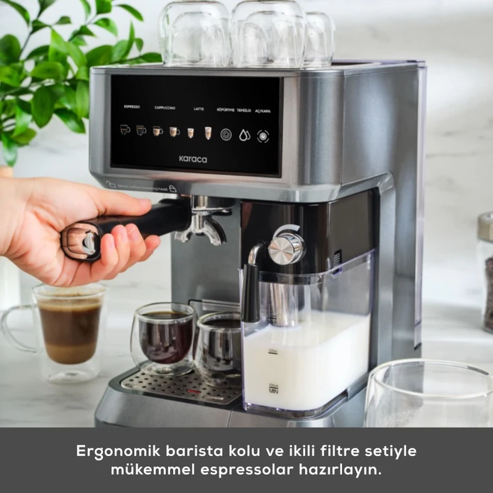 Karaca MyCaffe Barista S10 Entegre Süt Hazneli, Espresso, Latte ve Cappuccino Makinesi Galaxy Grey