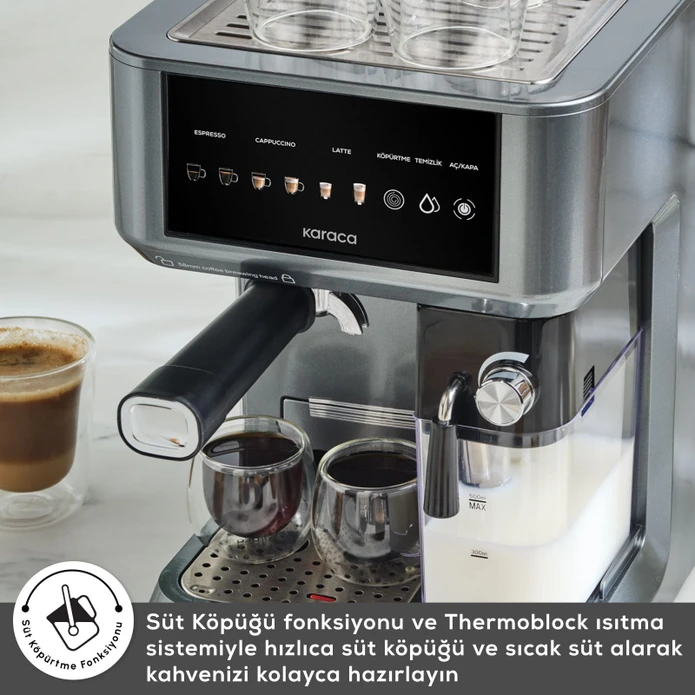 Karaca MyCaffe Barista S10 Entegre Süt Hazneli, Espresso, Latte ve Cappuccino Makinesi Galaxy Grey
