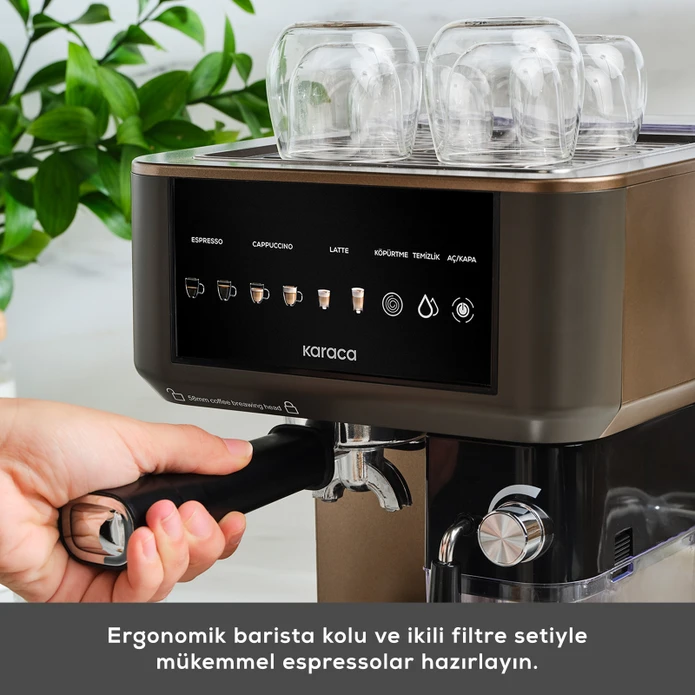 Karaca MyCaffe Barista S10 Entegre Süt Hazneli, Espresso, Latte ve Cappuccino Makinesi Walnut Brown