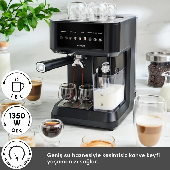 Karaca MyCaffe Barista S10 Entegre Süt Hazneli, Espresso, Latte ve Cappuccino Makinesi Matte Black